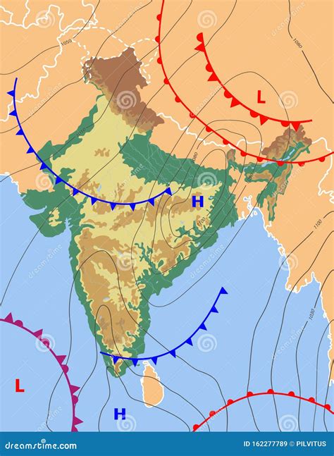 Weather Map Of The India. Chart Synoptic Showing Isobars And Weather ...