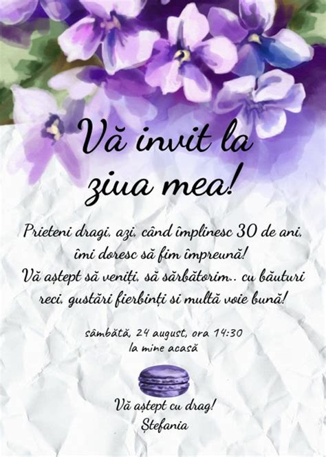 Invitatie La Petrecere Cu Flori Mov Pentru 30 De Ani