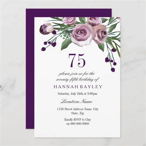 Elegant Plum Purple Rose 75th Birthday Invitation Zazzle