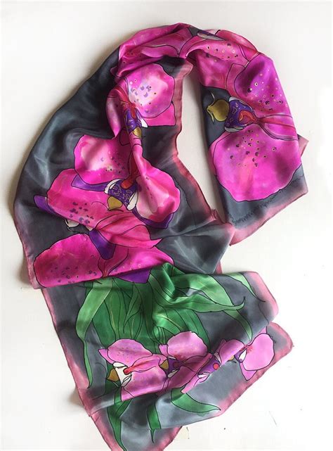 Hand Painted Silk Scarf Fuchsia Orchids Long Floral Scarf Etsy