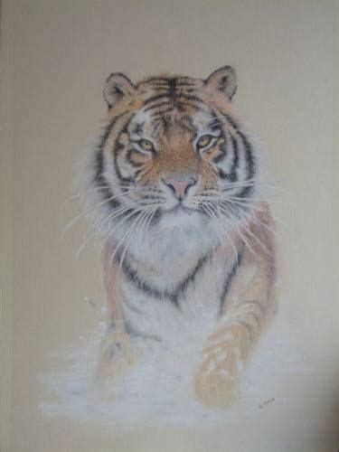 a painting of a tiger sitting on top of a white floor next to a wall