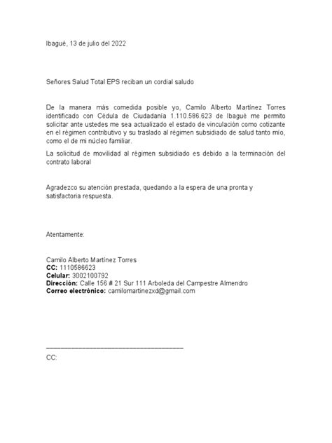 Modelo De Carta Para Cambio De Regimen Contributivo Al Subsidiado Pdf