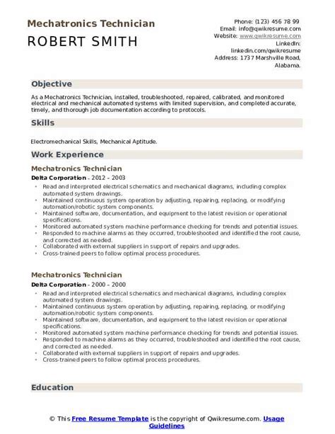 Mechatronics Technician Resume Samples | QwikResume