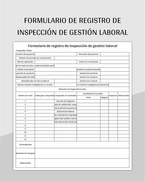 Plantilla De Excel Formulario De Registro De Inspección De Gestión Laboral Y Hoja De Cálculo De