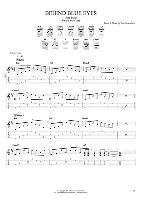 Behind Blue Eyes Tab By Limp Bizkit Guitar Pro Full Score Mysongbook