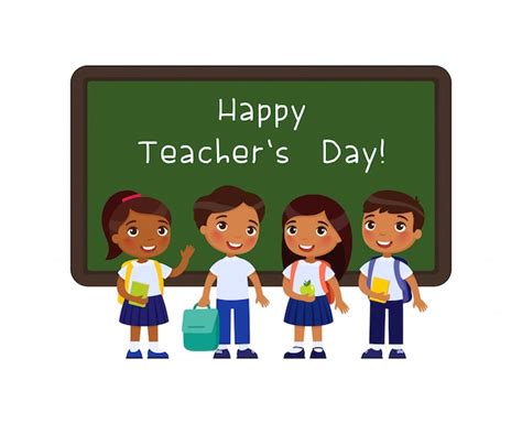 Free Vector | Happy teachers day greeting flat illustration. smiling pupils standing near ...