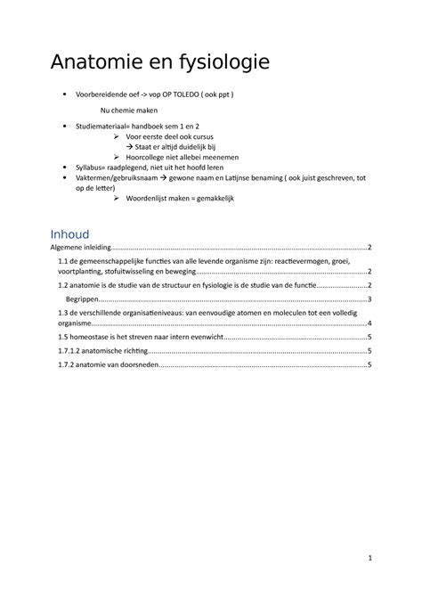 Hoofdstuk Samenvatting Anatomie En Fysiologie Een Inleiding