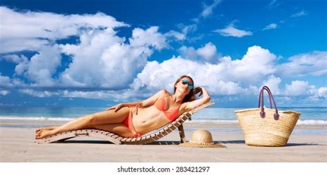 Woman Bikini Lying On Tropical Beach Stock Photo Shutterstock
