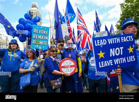 Anti Brexit Protesters With Placards And Flags Demonstrating In Central