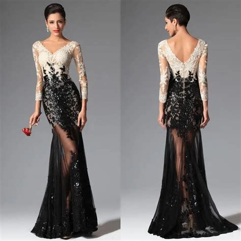 Sexy Sheer Lace Evening Dresses 2016 Black And White Mermaid Long Sleeves Prom Dresses V Neck