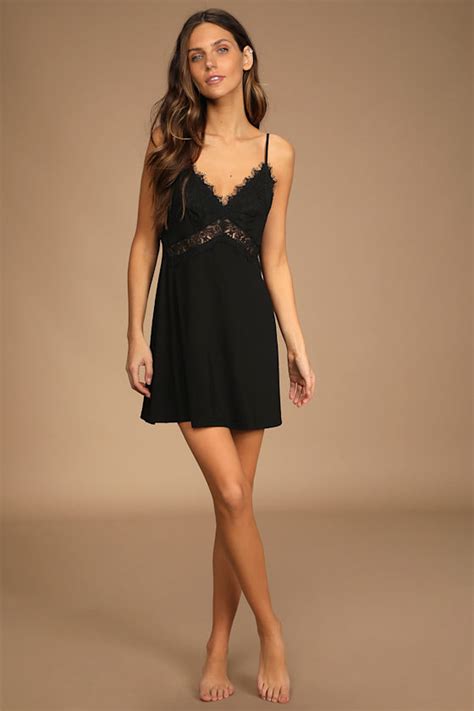 Black Lace Lingerie Slip Short Nightgown Lace Mini Slip Dress Lulus