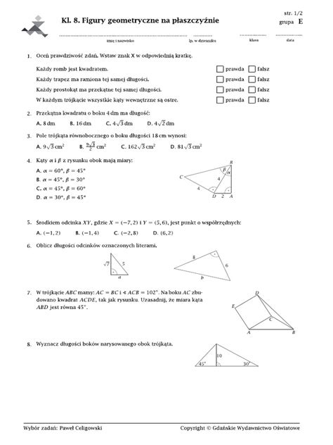 Sprawdzian Kl8 Figury Geometryczne Na Płaszczyźnie E Pdf