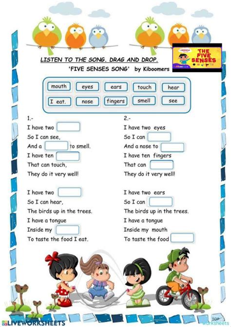 HOMEWORK: FIVE SENSES SONG. Interactive worksheet | TopWorksheets