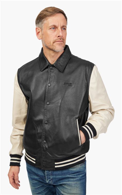 Schott NYC LCCOACHVARS Varsity Jacket Leather Black Off White Cultizm