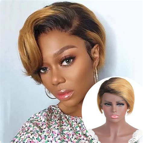 1b 27 13x1 T Lace Side Part Straight Short Pixie Cut Bob Wigs For Wome