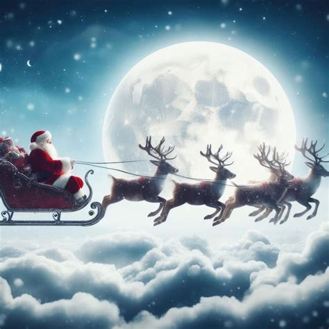 Premium Photo Christmas Santa Claus With Reindeer Over Clouds And A Full Moon