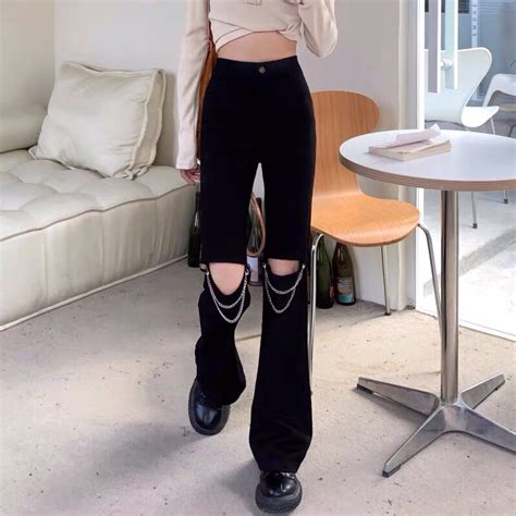 Mua Quần jean nữ hot girl lưng cao màu đen quần ống rộng thu đông 2023 với thiết kế hiphop năng