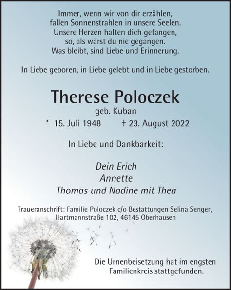 Traueranzeigen Von Therese Poloczek Trauer In NRW De