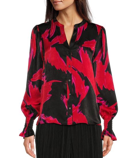 Dkny Printed Woven Split V Neck Long Blouson Sleeve Smocked Ruffle