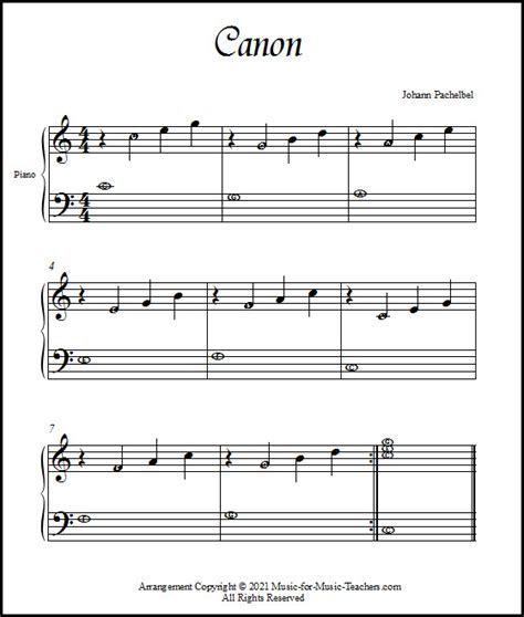 Canon Sheet Music for Beginner Piano Students