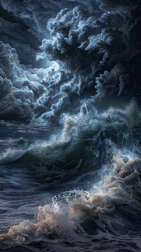 A Dramatic Storm Over The Ocean With Towering Waves And Dark Generated