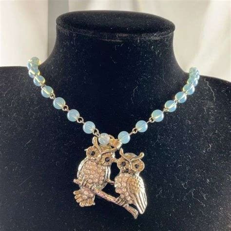 Opalite And Austrian Crystal Owl Necklace 20in Silvertone 80 00ctw