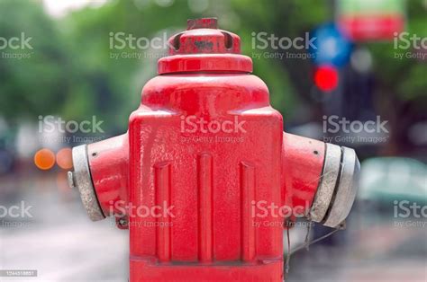 Red Metallic Fire Hydrant Or Fire Department Connection Stock Photo