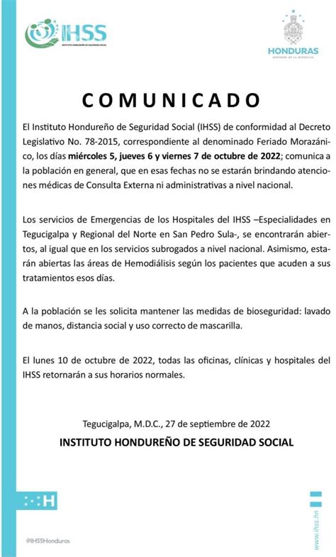 Estos servicios estarán disponibles en el IHSS durante el feriado