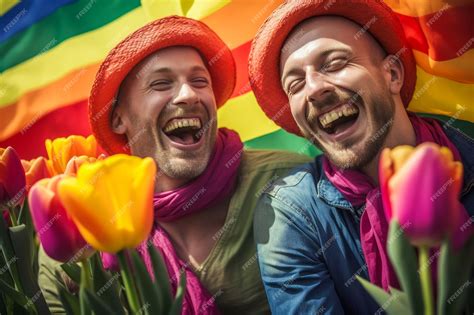 Um Lindo Casal Gay Feliz Com Cores Do Arco íris Em Um Campo De Flores