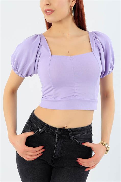 19 95 TL Lila Yaka Detay Crop Bluz 30593 Modamızbir Modamizbir