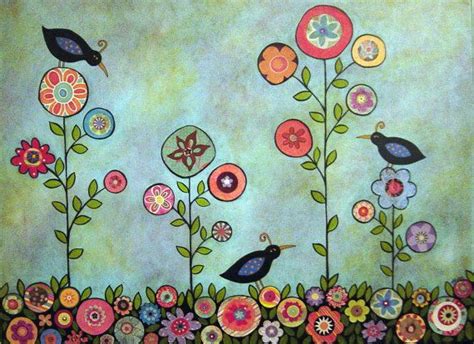 Three Black Birds Folk Artetsy Folk Art Flowers Bird Art Whimsical Art