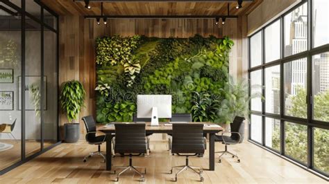 Modern Office Interior With Vertical Garden And City View Stock Photo