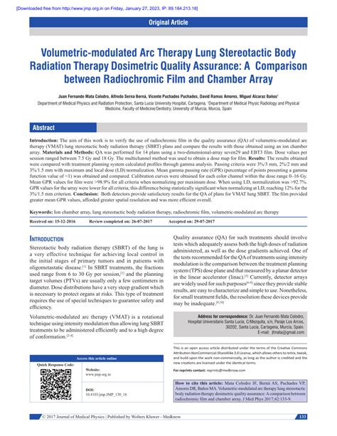 Pdf Volumetric Modulated Arc Therapy Lung Stereotactic Body Radiation Therapy Dosimetric