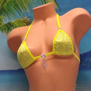 Micro Bikini W Rhinestones G String Yellow Holographic Shattered Glass