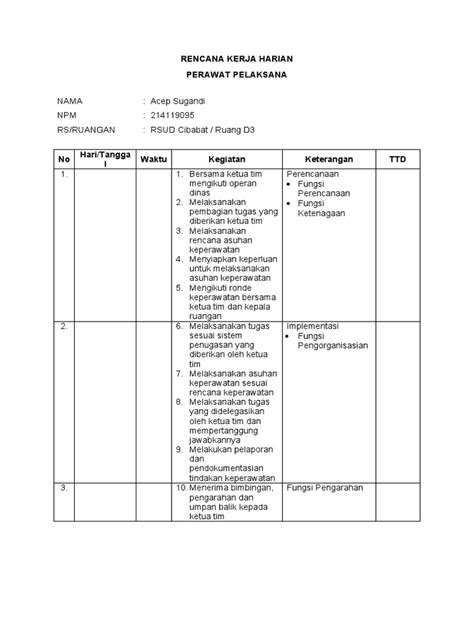 Rencana Kerja Harian Perawat Pelaksana Pdf