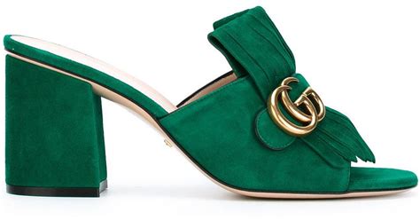 Gucci Marmont Gg Kiltie Suede Block Heel Mules In Green Lyst