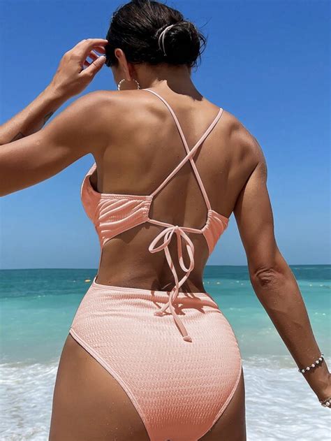 SHEIN Swim Chicsea Maillot De Bain Une Pièce Unicolore Décolleté Dos Nu