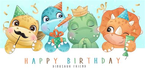 Fiesta De Cumpleaños De Celebración De Dinosaurio Lindo En Ilustración De Estilo Acuarela Ve