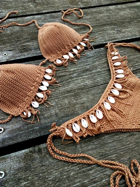 Häkeln Bikini Set Tan Brown Bikini mit Cowrie Sea Shells Etsy