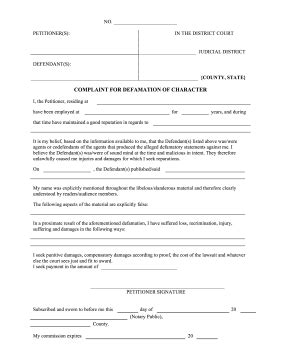 Printable Complaint for Defamation of Character Legal Pleading Template