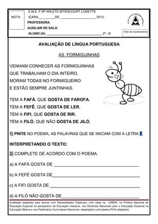 Prova Adaptada Para Alunos Especiais - Avaliação adaptada para alunos com Necessidades Especiais | PDF