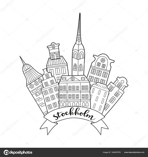 Sweden landmarks travel. Hand drawn houses and trees. — Stock Vector © AlonaS1984 #184497976