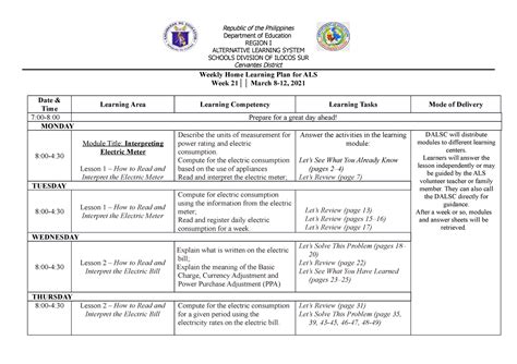 Weekly Home Learning Plan Sample For Teachers In Als General