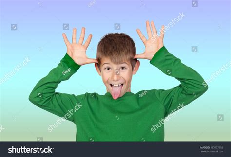 Funny Child Mocking Isolated On Blue Stock Photo 127097555 Shutterstock