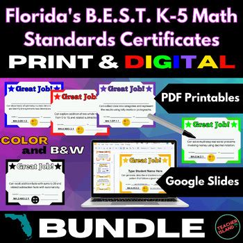 Florida S B E S T K Math Standards Certificates Bundle Print Digital