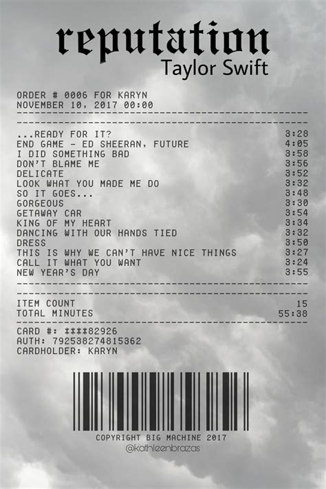 REPUTATION - TAYLOR SWIFT | ALBUM RECEIPT | Taylor swift lyrics, Taylor ...