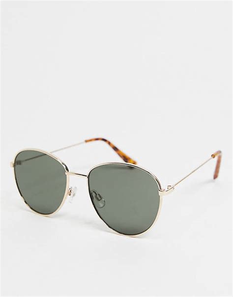 River Island Green Lens Round Sunglasses In Gold Asos