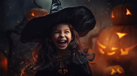 Chica Riendo Feliz Disfrazada De Bruja Para Halloween Foto Premium