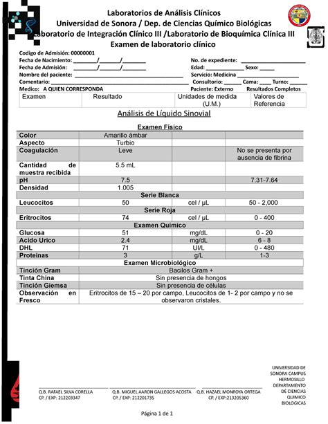 Reporte De Laboratorio Liquido Sinovial Laboratorios De An Lisis