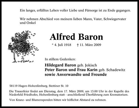 Traueranzeigen Von Alfred Baron Trauer In NRW De